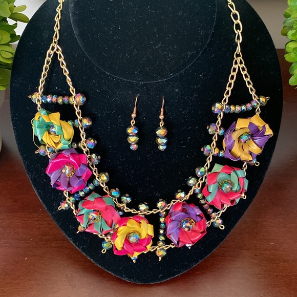 MEXICAN HANDCRAFTED JEWELRY SET FLORAL PALM LEAF MULTICOLOR NECKLACE & EARRINGS - Picture 3 of 17